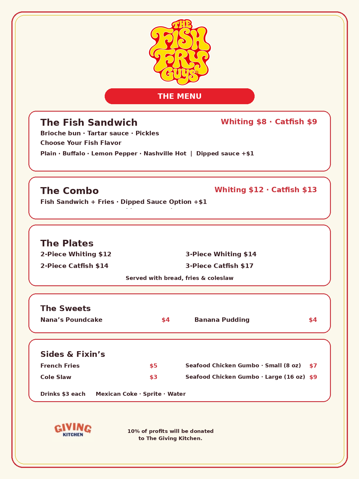 The Fish Fry Guys menu board listing the fish sandwich, combo, fish meals, sides, and drinks with prices, plus a note that 10% of profits are donated to The Giving Kitchen
